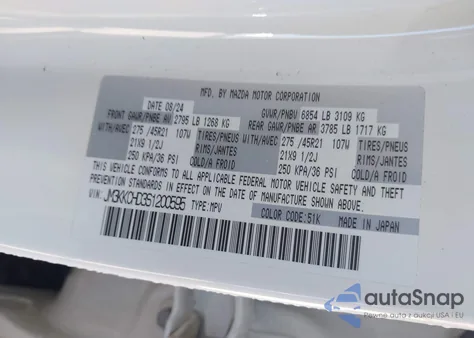 2025 Mazda Cx-90 3.3 Turbo Premium Sport из США, поврежденный, VIN JM3KKCHD3S1200595